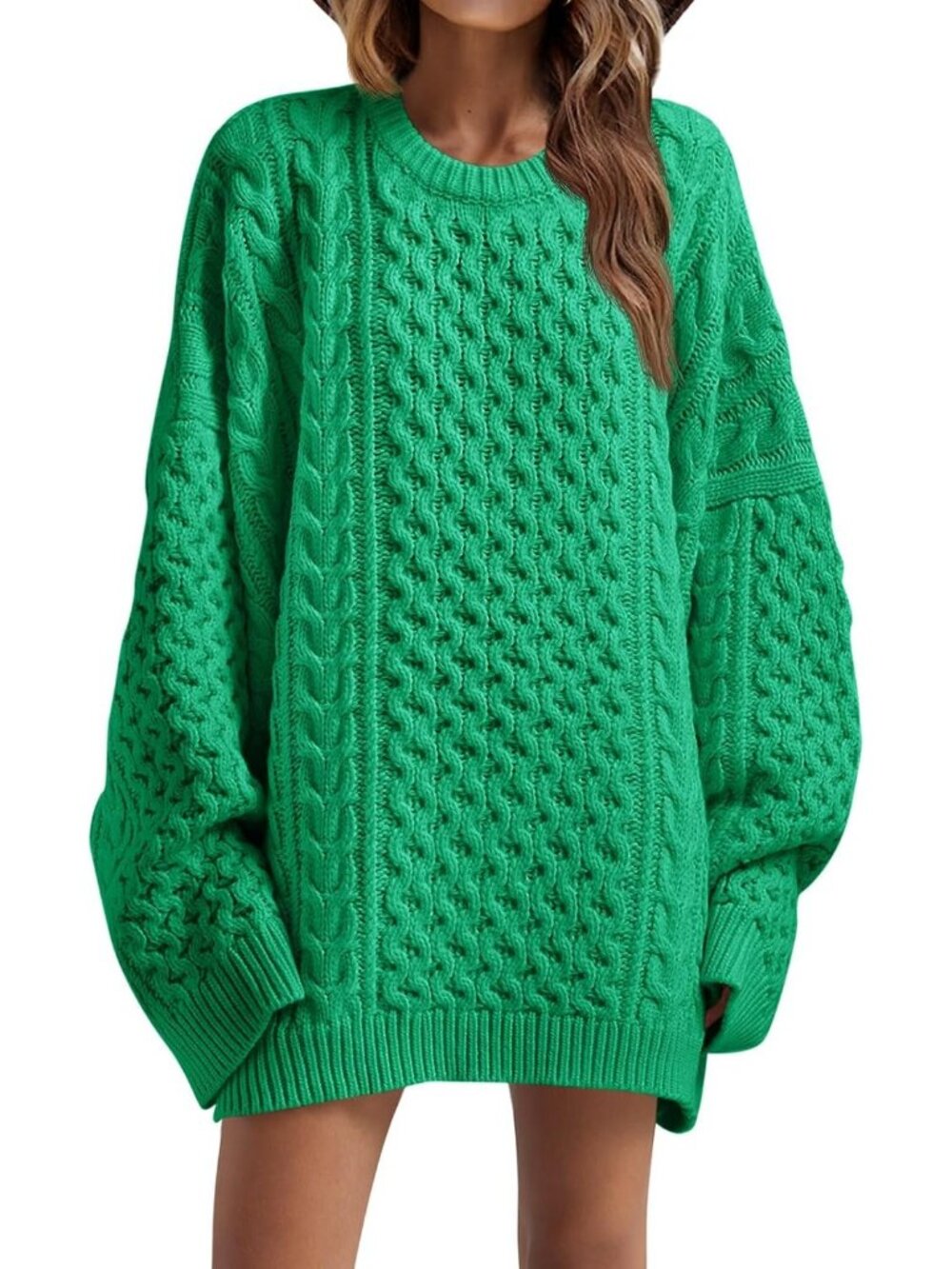 Women's Green Oversized Sweaters Chunky Cable Knit Tunic Long Winter Sweater